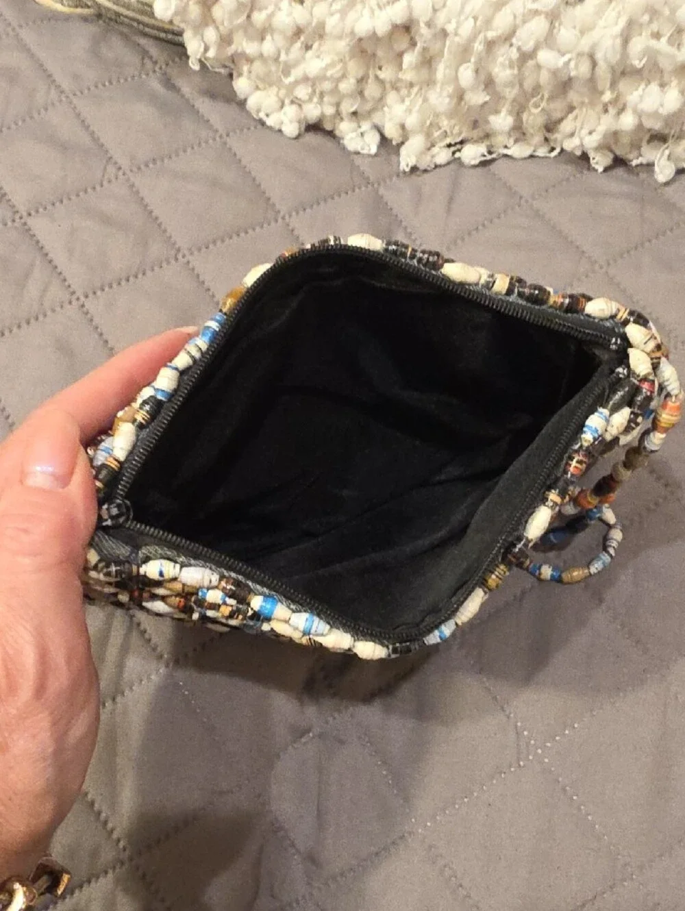 Handmade Paper Beaded Wristlet Clutch in Neutral, Brown & Blue - Picture 10 of 15
